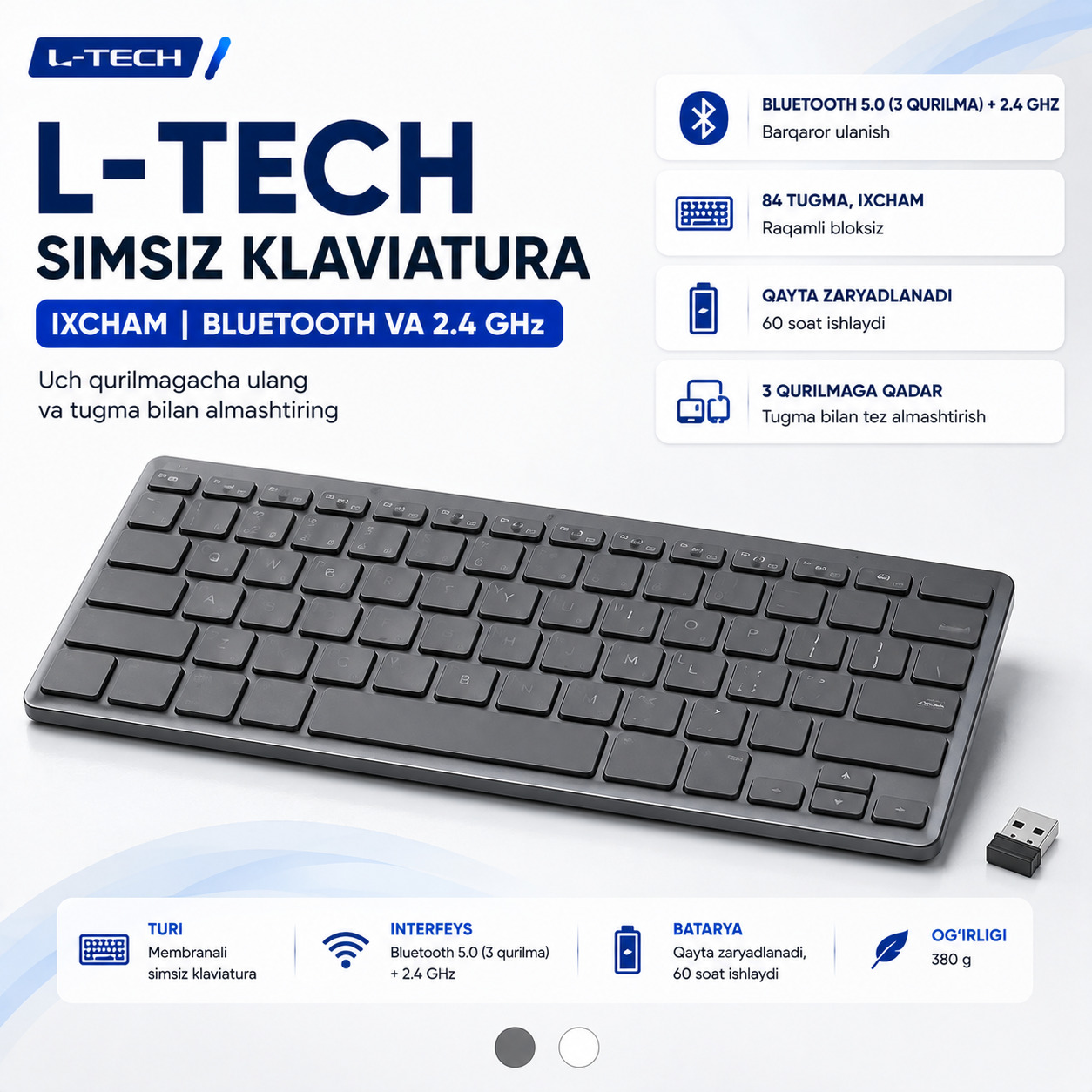 L-TECH Simsiz Klaviatura | ixcham | Bluetooth va 2.4 GHz
