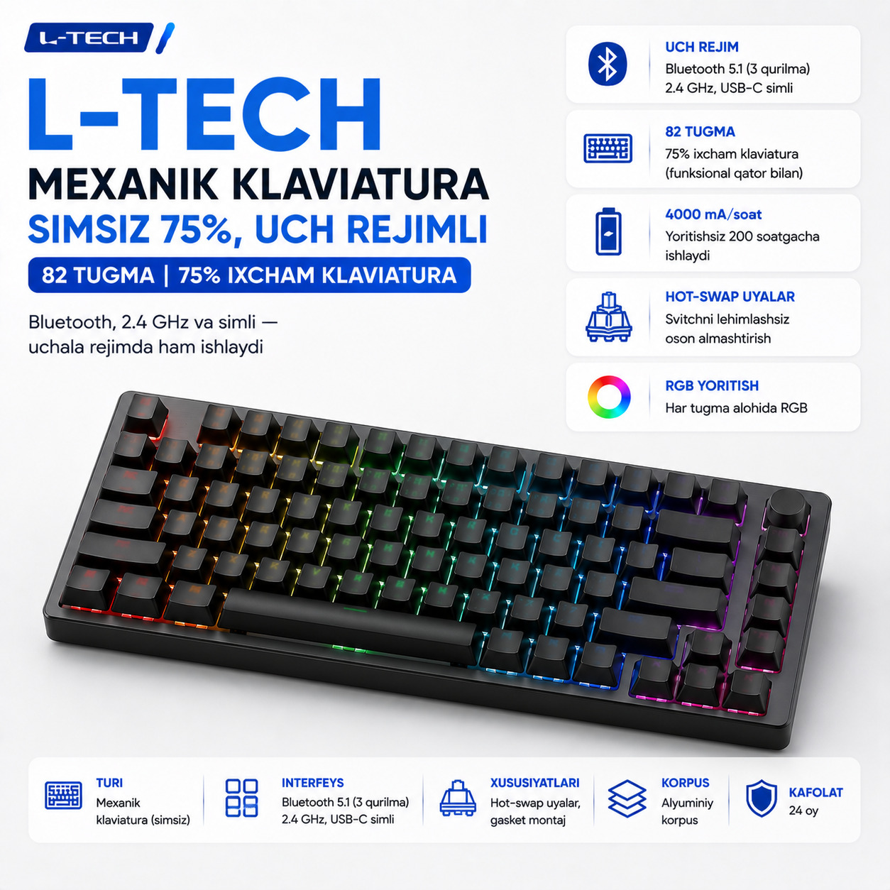L-TECH Mexanik Klaviatura | simsiz 75%, uch rejimli