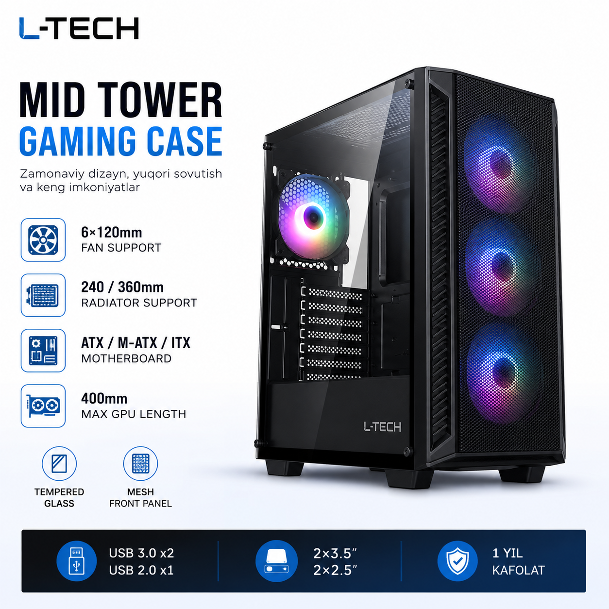 L-TECH O`rta O`lchamli Gaming Kompyuter Korpusi