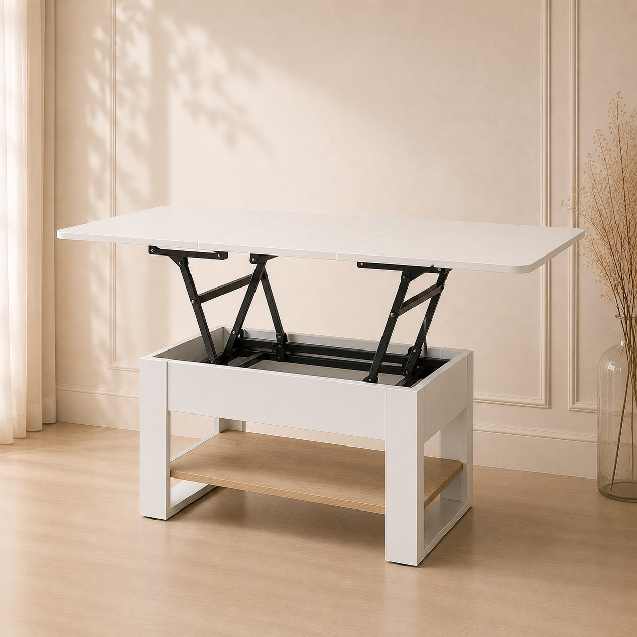 Stol-transformer – jurnal stolidan ovqat stoliga, oq (110×60×42→75 sm)