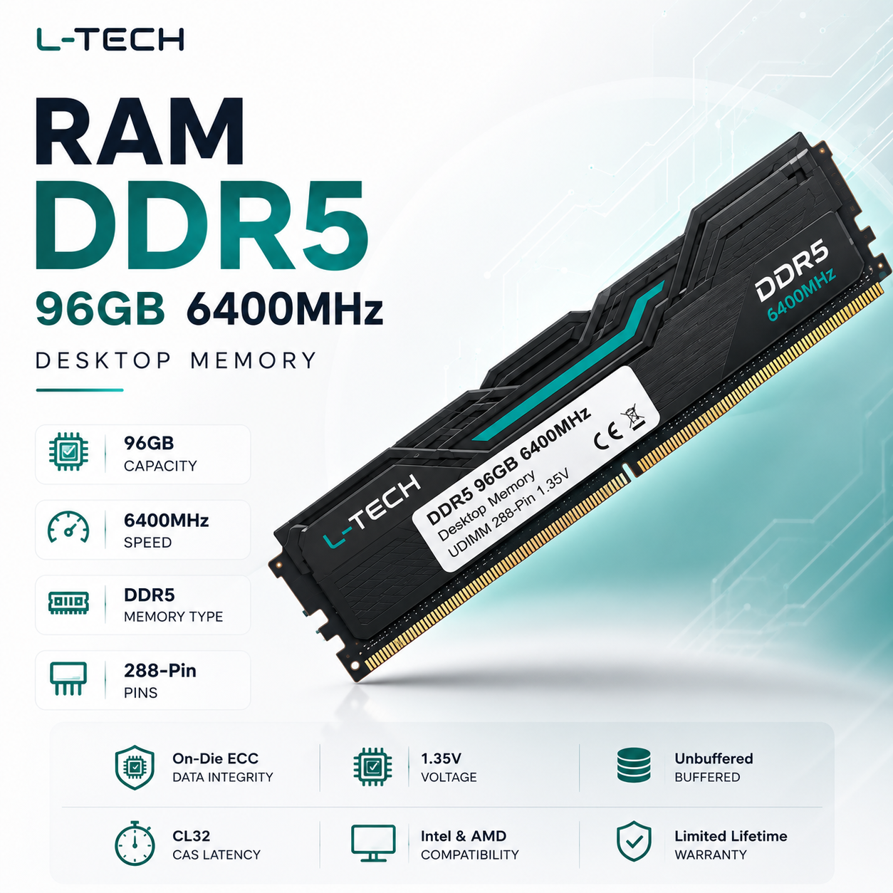 RAM DDR5 96GB 6400MHz Desktop Memory