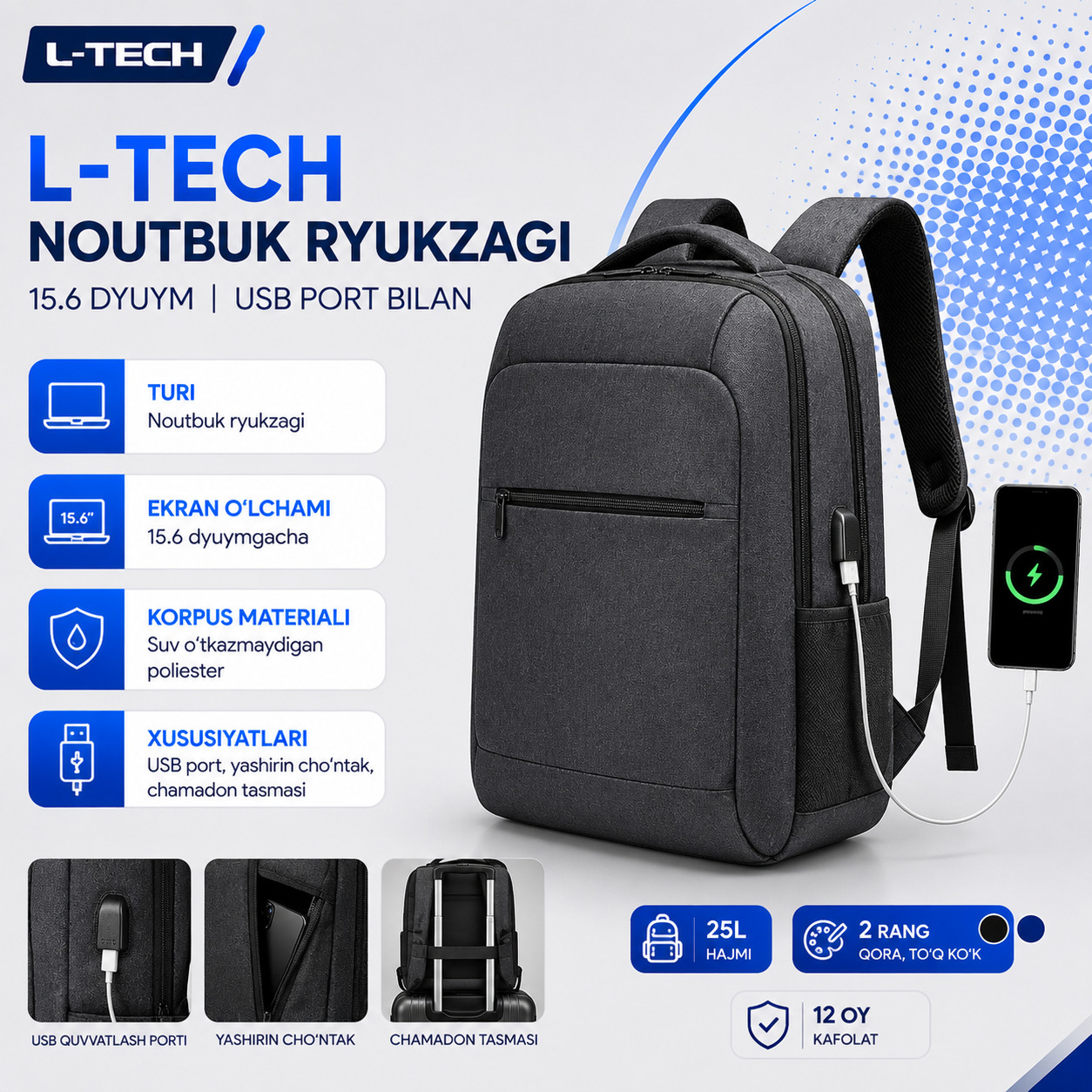 L-TECH Noutbuk Ryukzagi 15.6 dyuym | USB port bilan