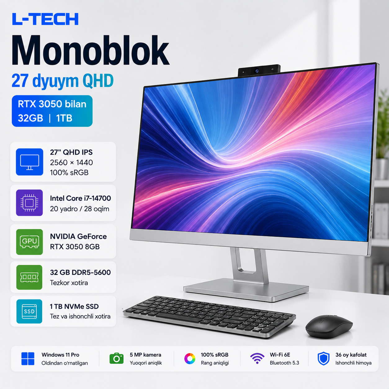 L-TECH Monoblok 27 dyuym QHD | RTX 3050 bilan | 32GB | 1TB