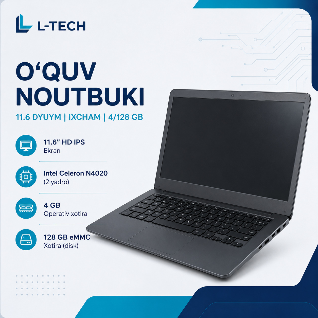 L-TECH O‘quv Noutbuki 11.6 dyuym | ixcham | 4/128 GB