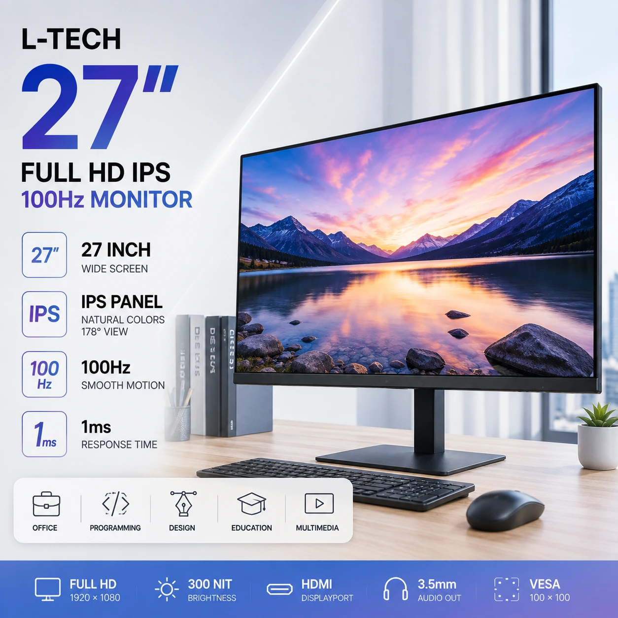 L-TECH 27 dyuym Full HD IPS 100Hz Monitor |27-inch Full HD IPS 100Hz Monitor | Монитор 27 inch Full HD IPS 100Hz