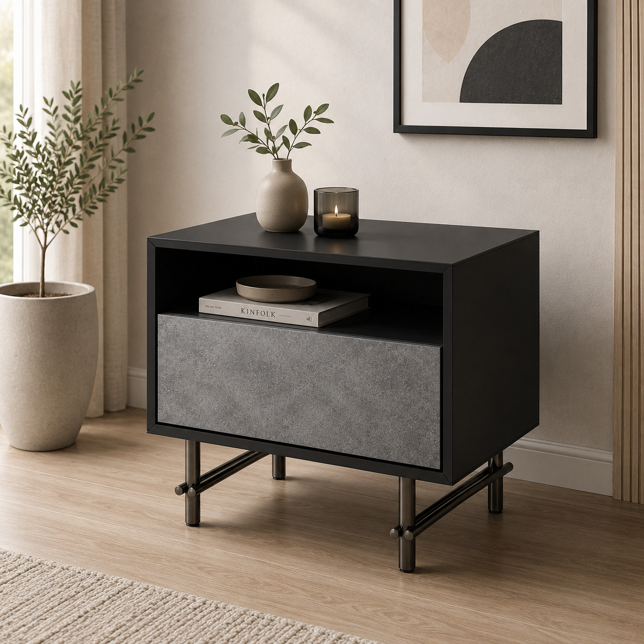 Karavot yonidagi tumba – 1 tortmali, qora korpus va beton effektli fasad, bronza karkas (60×45×55 sm)