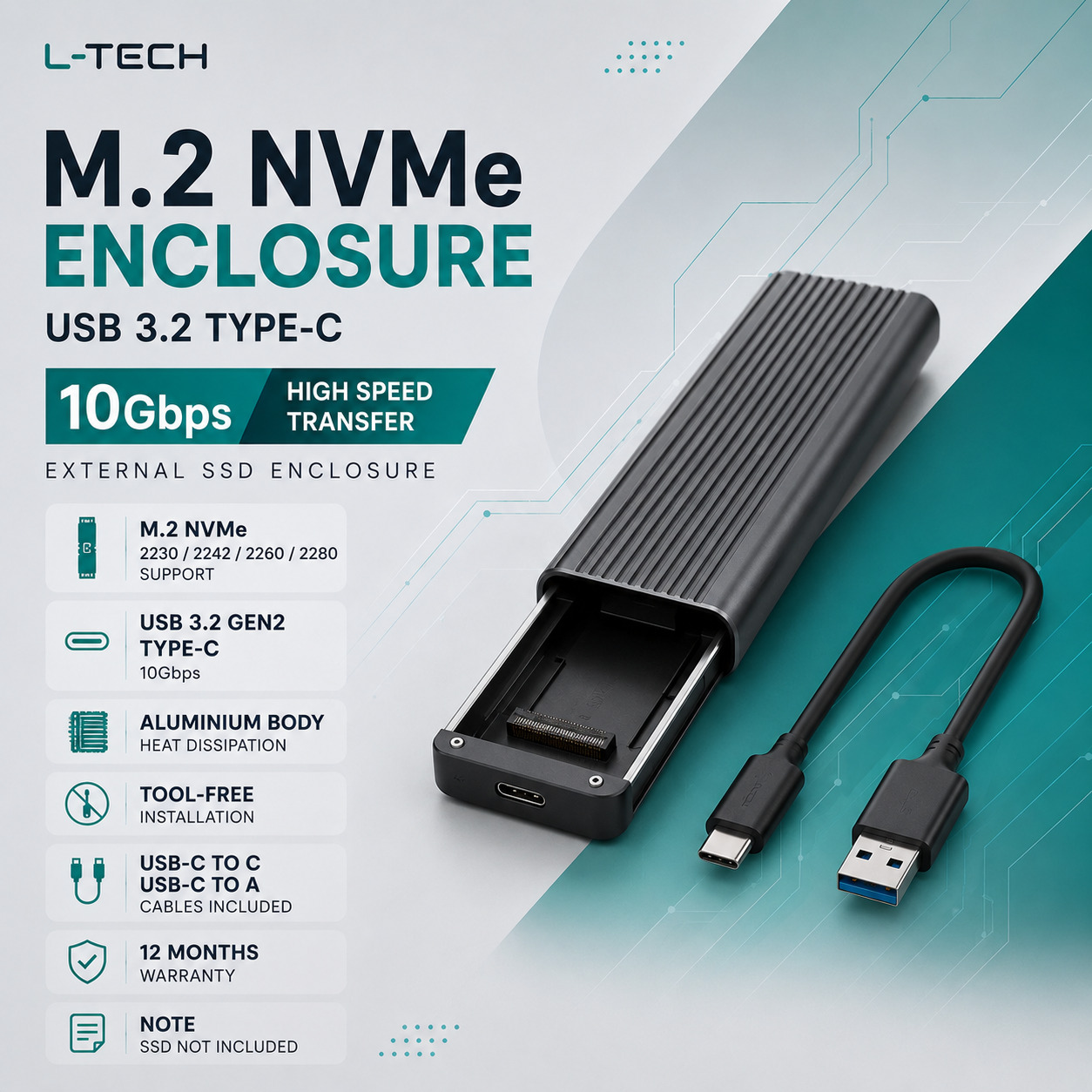 M.2 NVMe disk uchun tashqi korpus | USB 3.2 Type-C