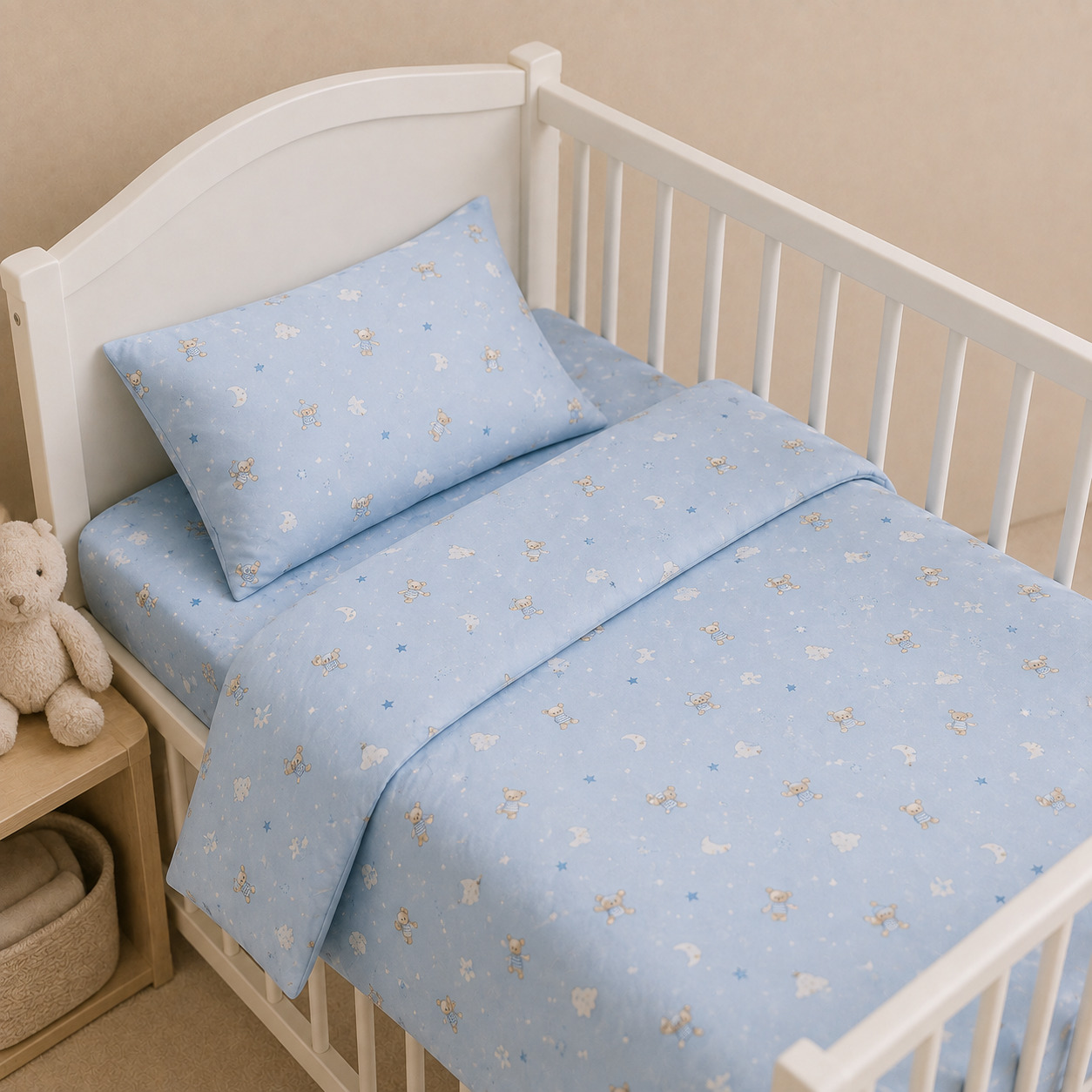 Chaqaloq blyo komplekti – byaz, naqshli, moviy (3 predmet)