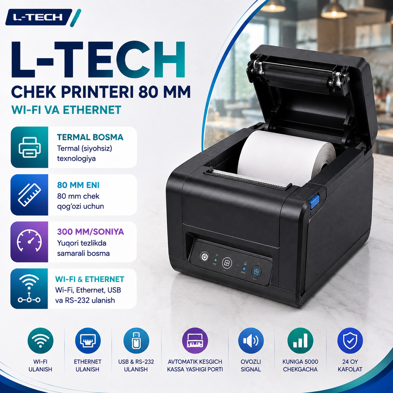 L-TECH Chek Printeri 80 mm | Wi-Fi va Ethernet