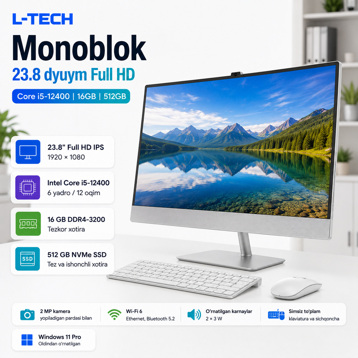 L-TECH Monoblok 23.8 dyuym Full HD | Core i5-12400 | 16GB | 512GB