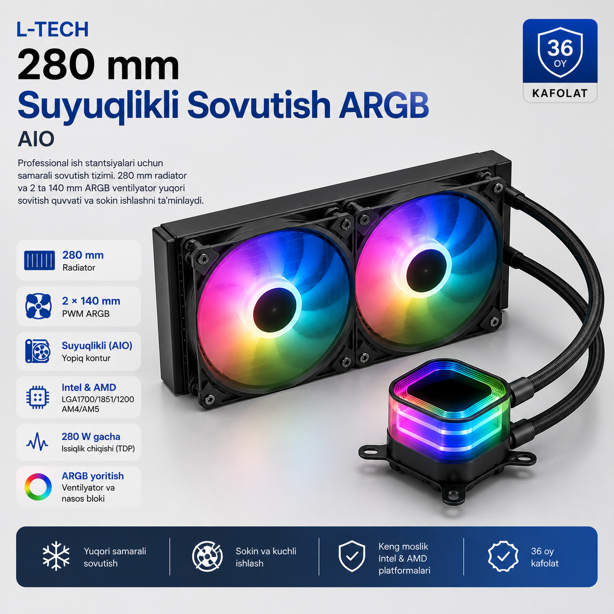 L-TECH 280 mm Suyuqlikli Sovutish ARGB | AIO