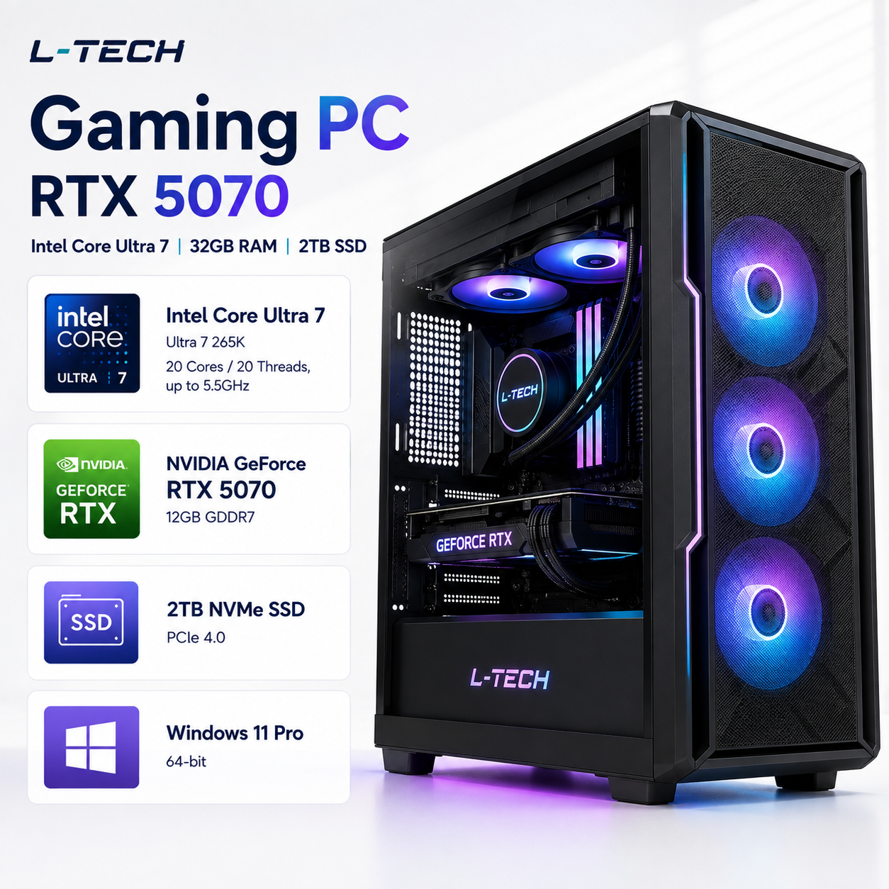 L-TECH Gaming PC | o`yin uchun kompyuter | RTX 5070  Intel Core Ultra 7 | 32GB RAM | 2TB SSD