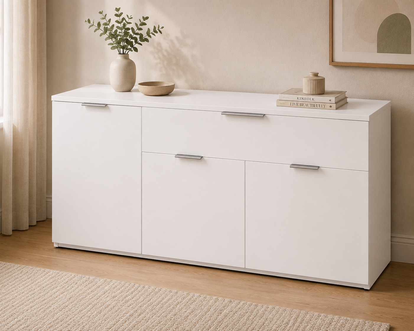 Sideboard tumba – 3 eshik va 1 keng tortmali, oq (160×40×80 sm)