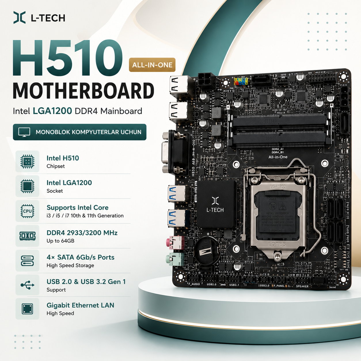 L-TECH H510 All-in-One Motherboard Intel LGA1200 DDR4 Mainboard