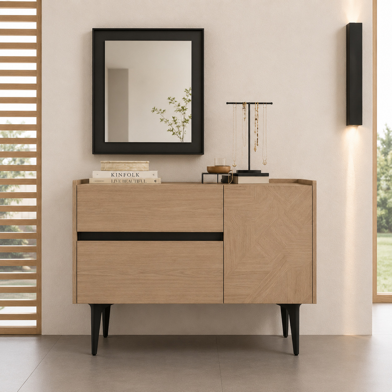 Komod – 2 tortma va 1 eshikli, marketri naqshli fasad, och dub (120×45×85 sm)