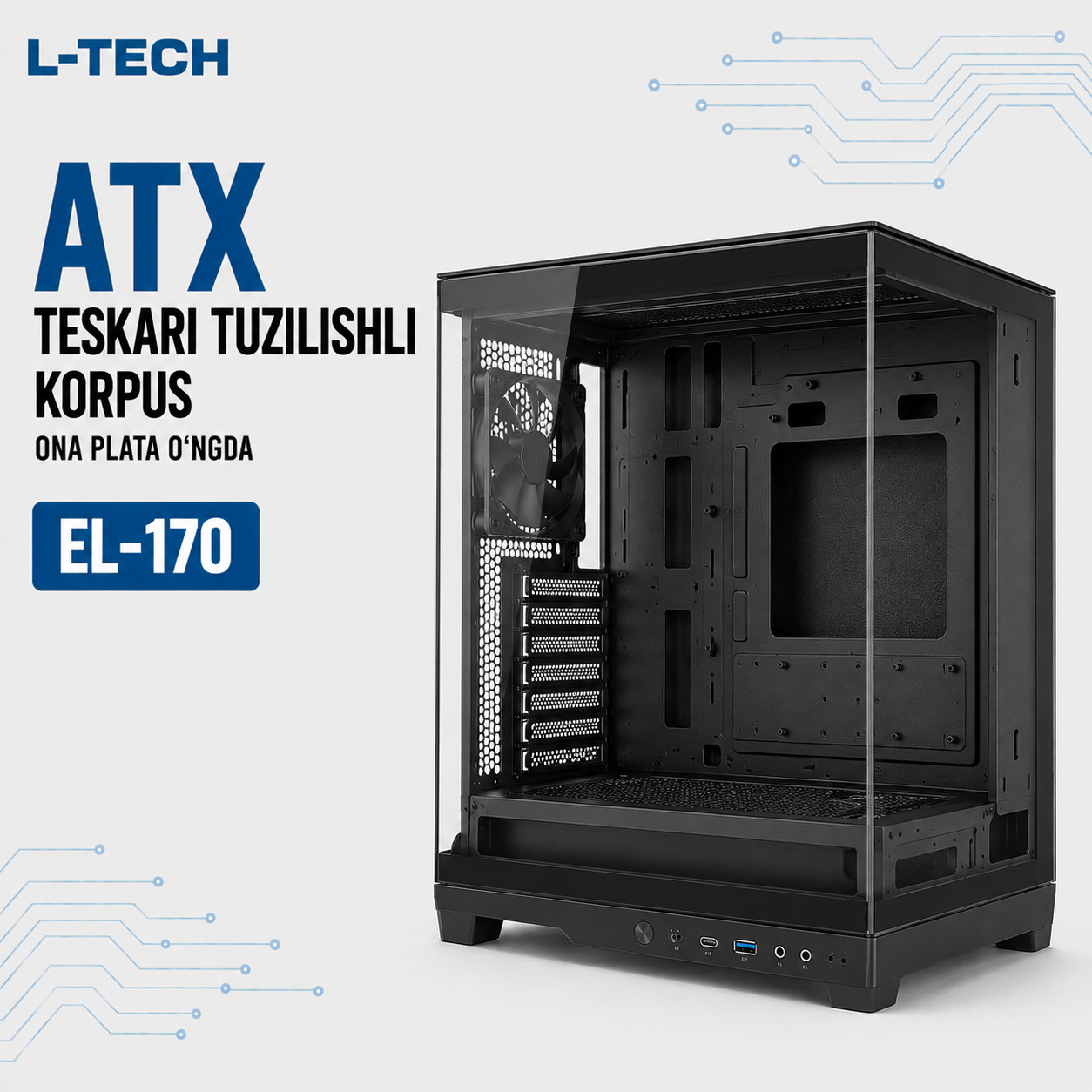 L-TECH ATX Teskari Tuzilishli Korpus | ona plata o‘ngda