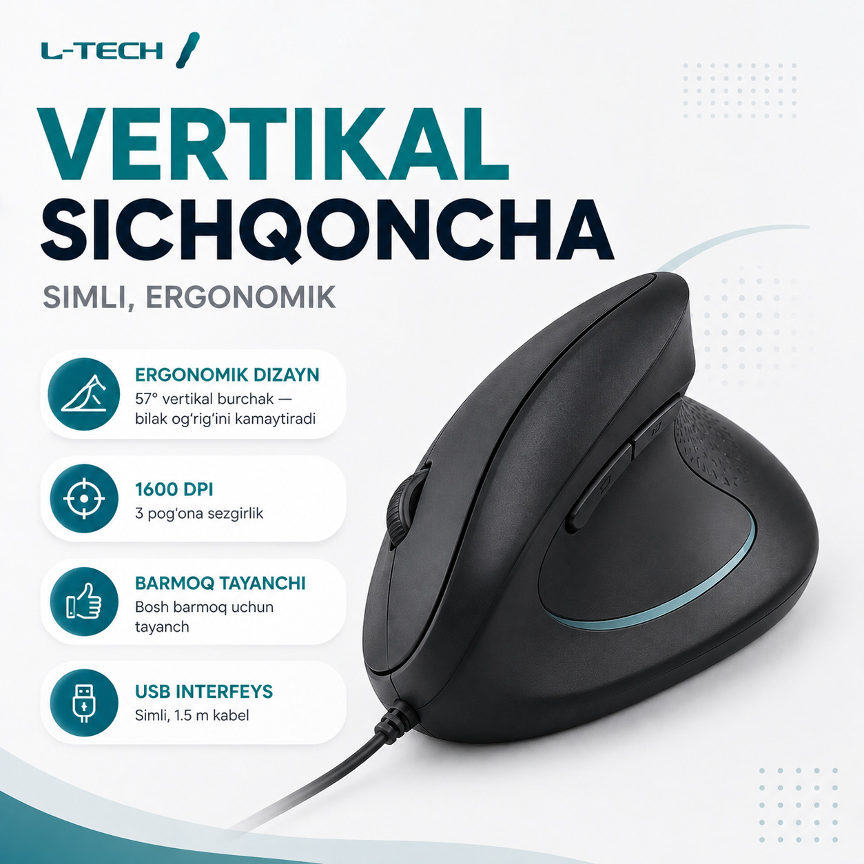 L-TECH Vertikal Sichqoncha | simli, ergonomik
