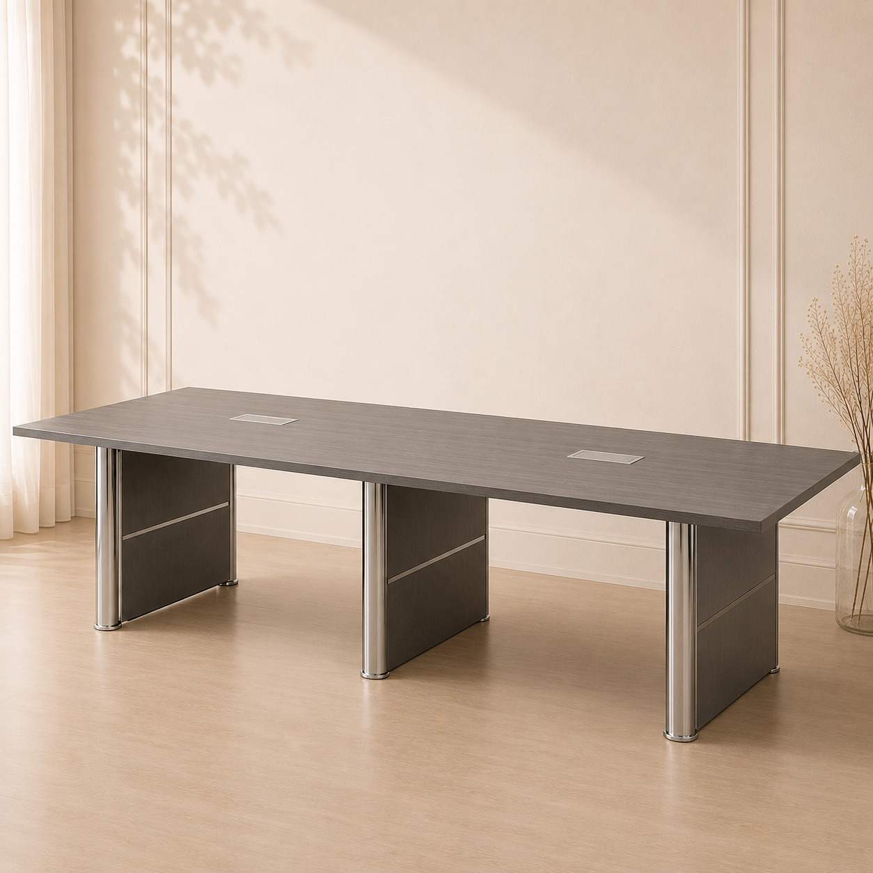 Konferens stol – to‘g‘ri, 12 kishilik, kulrang + xrom (360×140×75 sm)