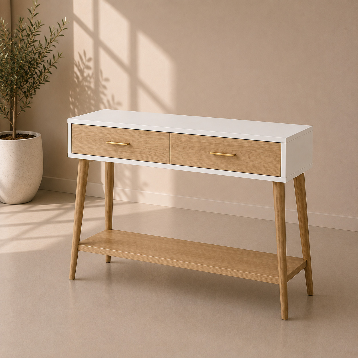 Konsol stol – tor, dahliz uchun, 2 tortmali, oq + dub (100×35×80 sm)