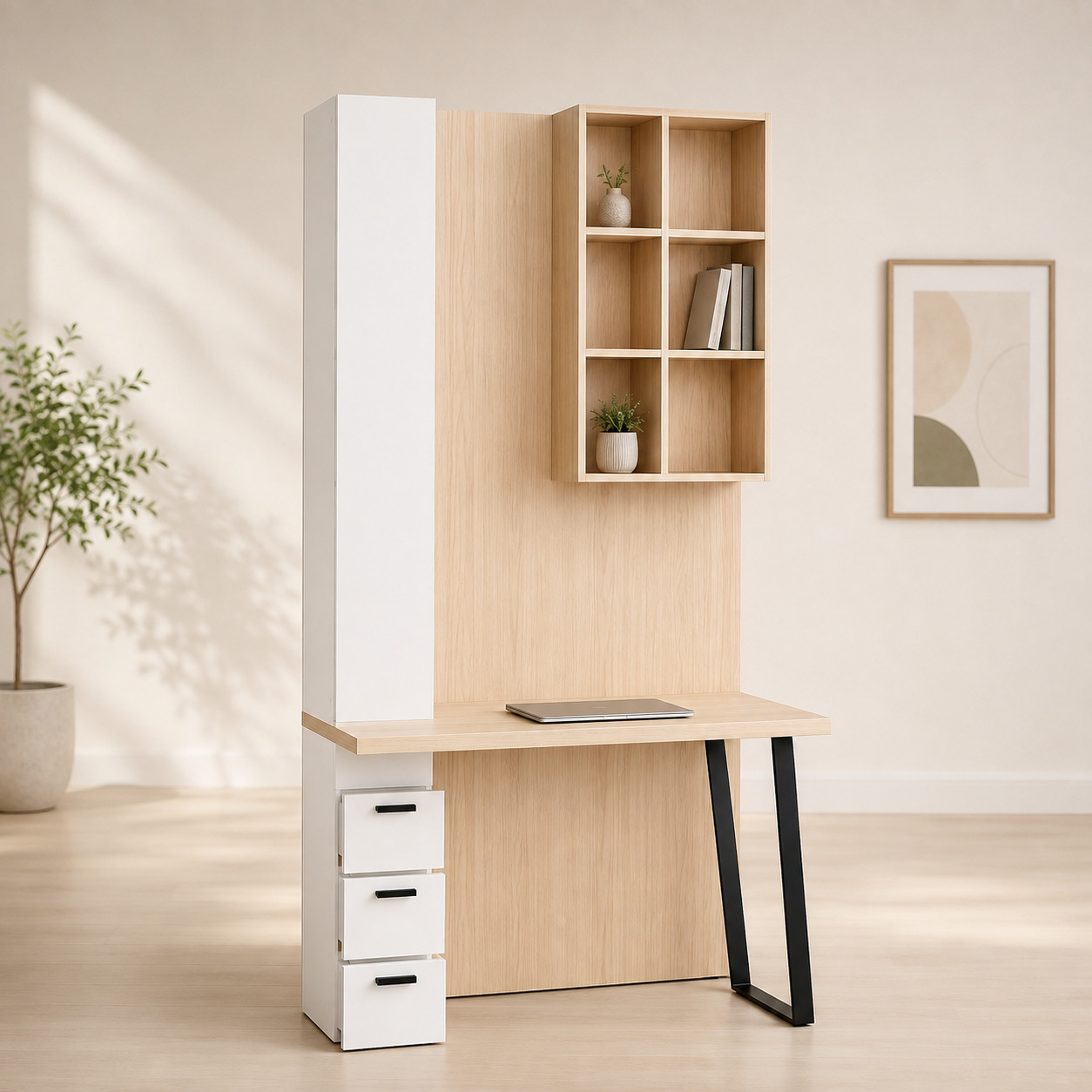 Ish stoli to‘plami – devor stellaji va 3 tortmali penal bilan, oq va och dub (stol 120×60×75 sm)