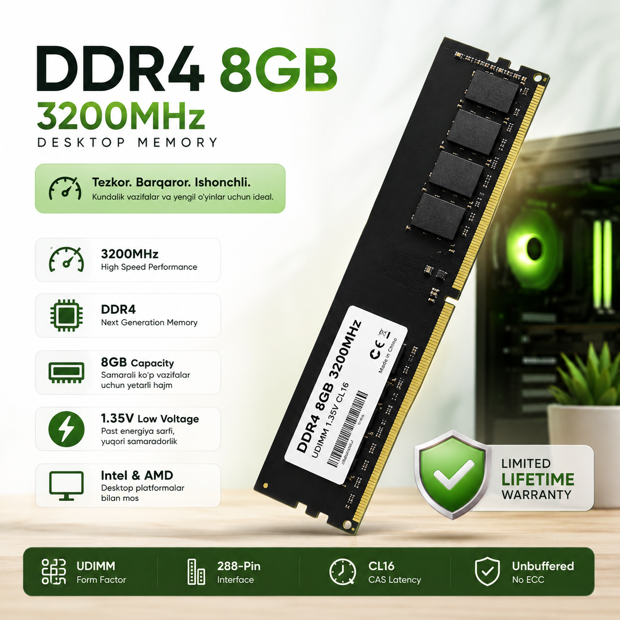 RAM DDR4 8GB 3200MHz Desktop Memory