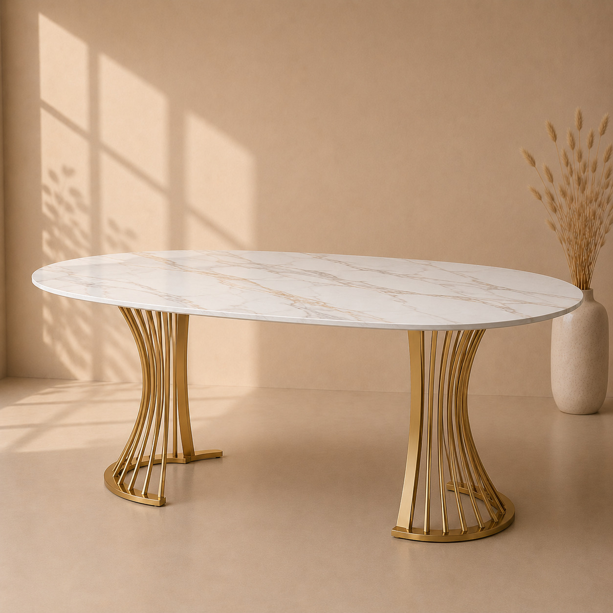 Ovqat stoli – marmar effektli, oltin oyoqli, oval (160×90×75 sm)