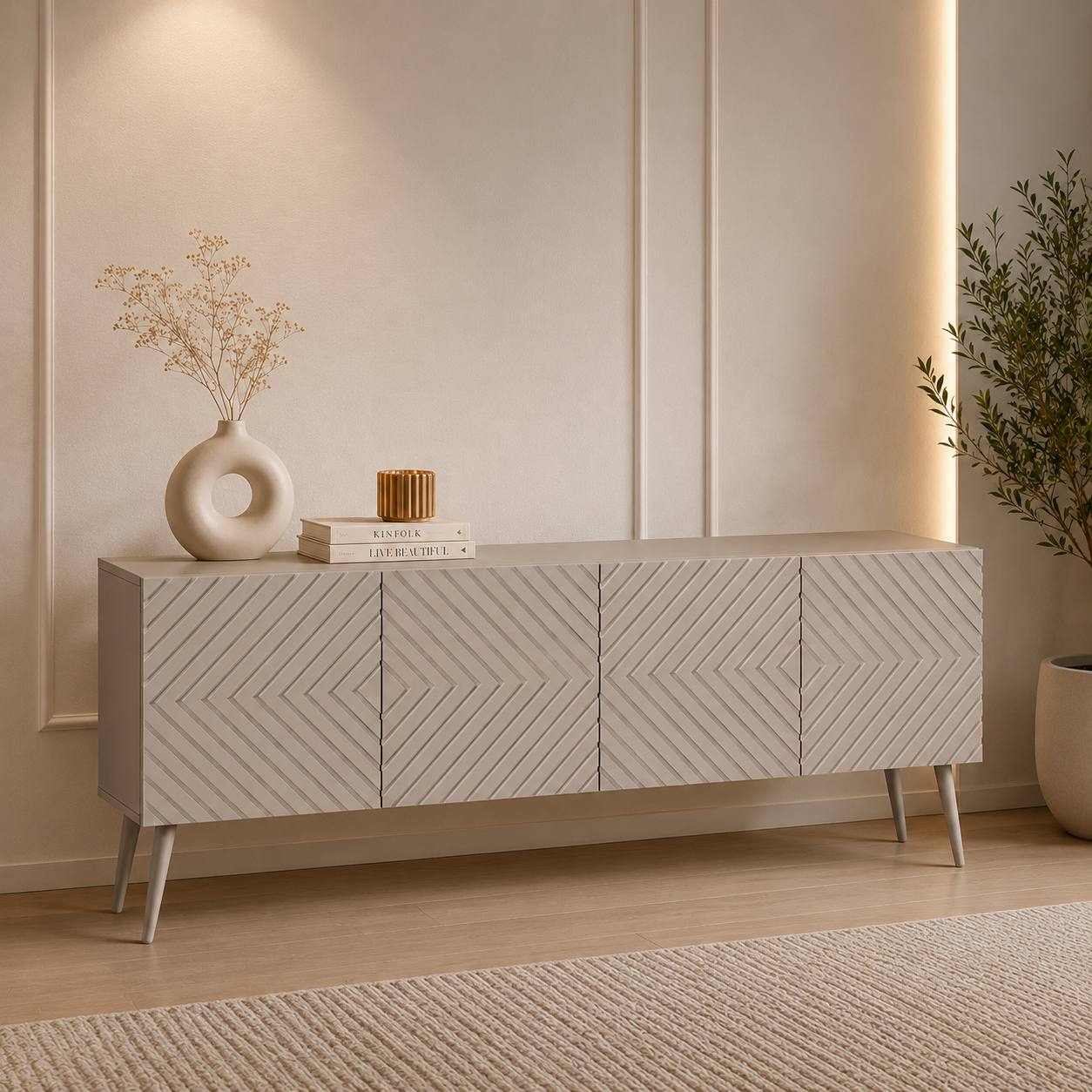 Tumba «Tango» – 4 bo‘limli, push-to-open, metall oyoqli (160×60×30 sm / LDSP + MDF)