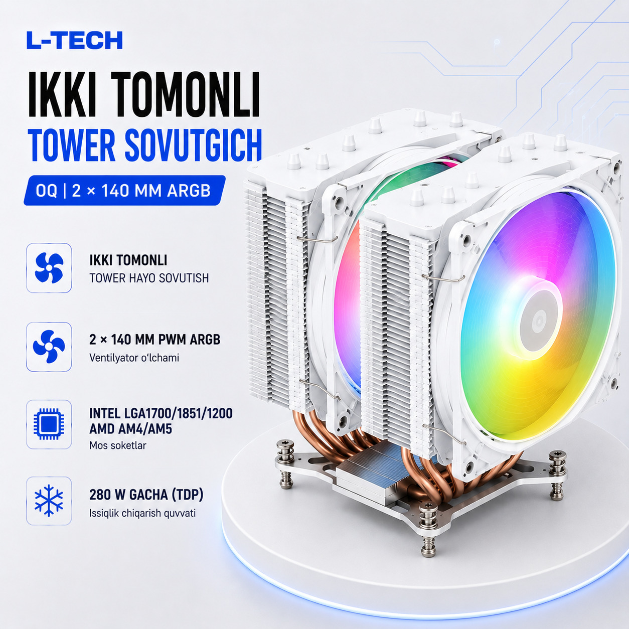 L-TECH Ikki Tomonli Tower Sovutgich | oq | 2 × 140 mm ARGB