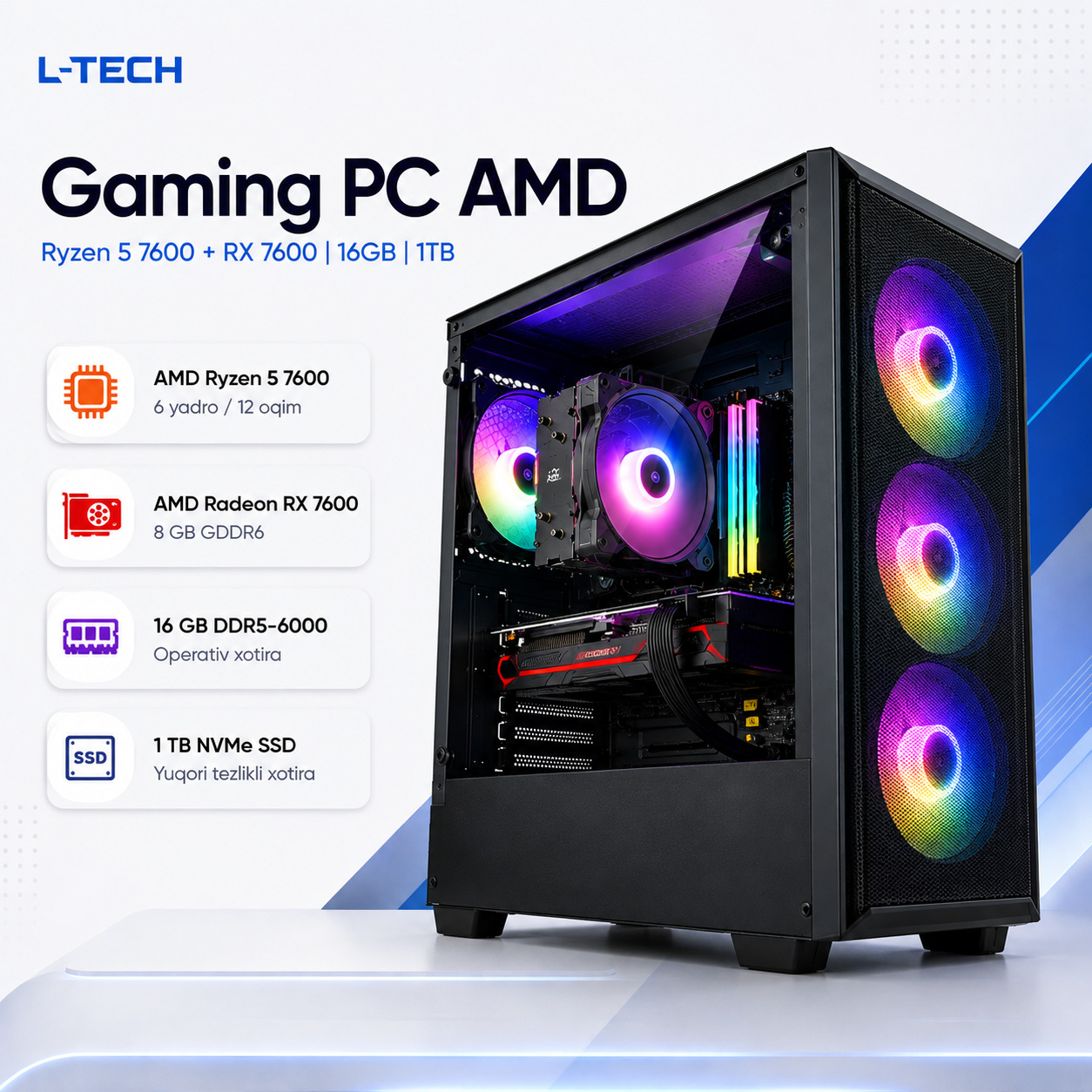 L-TECH Gaming PC AMD | Ryzen 5 7600 + RX 7600 | 16GB | 1TB