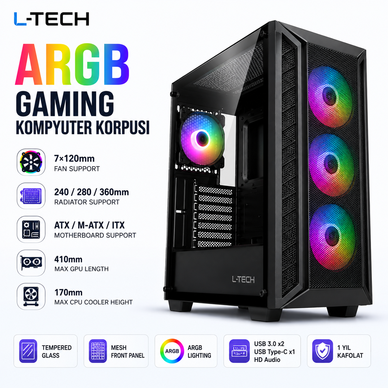 L-TECH ARGB Gaming Kompyuter Korpusi
