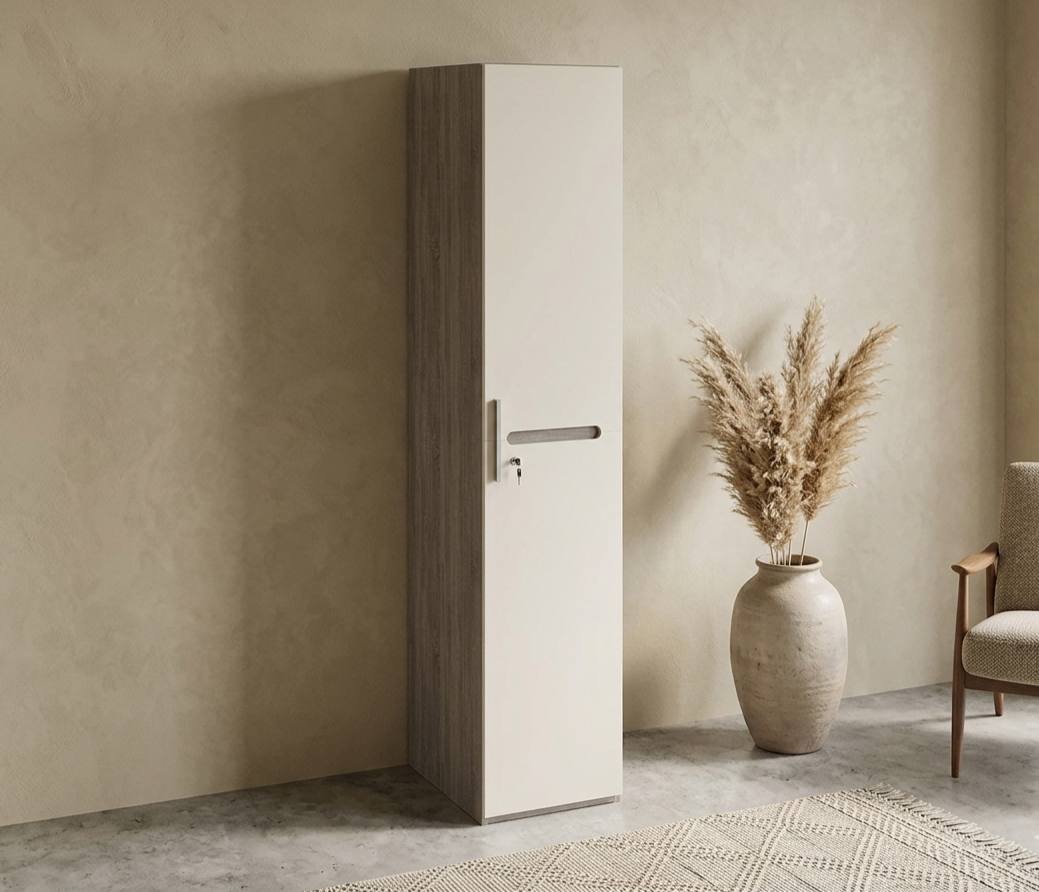 Shkaf «Fyuzhn» – 1 eshikli ixcham shkaf (Bej / Dub Sonoma trufel) – 58×218×44 sm