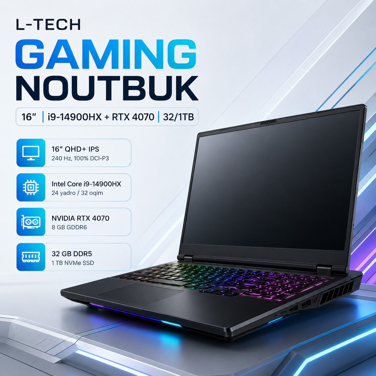 L-TECH Gaming Noutbuk 16 dyuym | i9-14900HX + RTX 4070 | 32/1TB