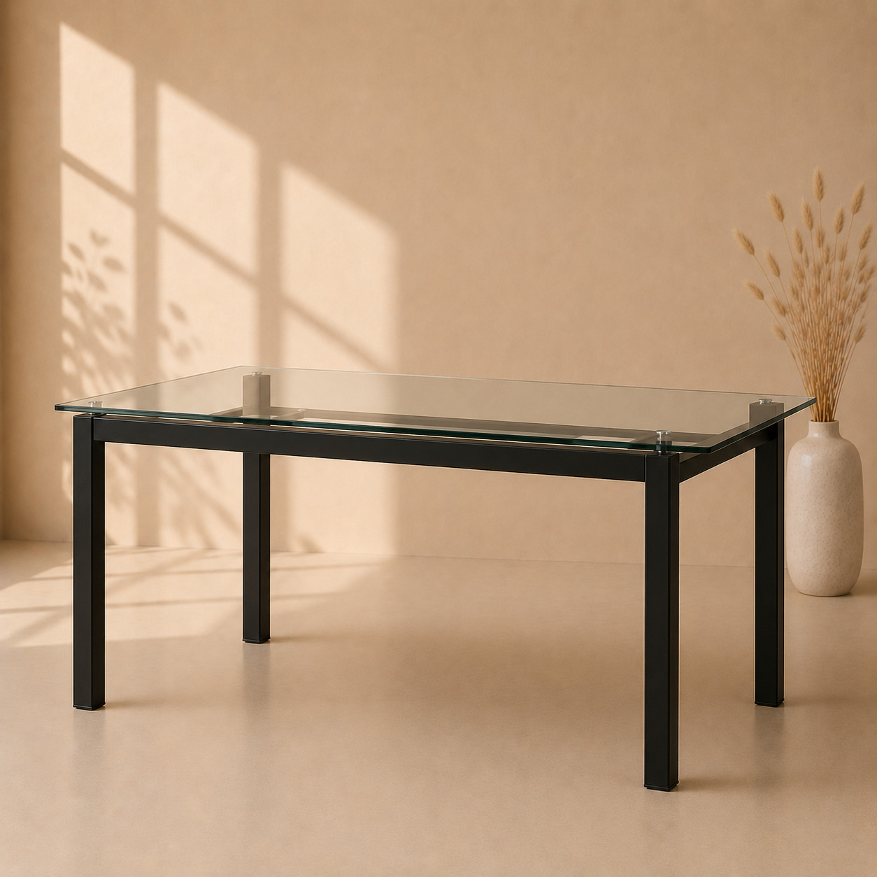 Ovqat stoli – toblangan shisha ustki panel, qora metall oyoq (140×80×75 sm)