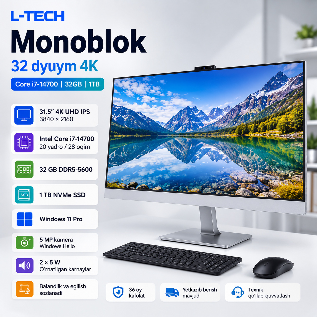 L-TECH Monoblok 32 dyuym 4K | Core i7-14700 | 32GB | 1TB