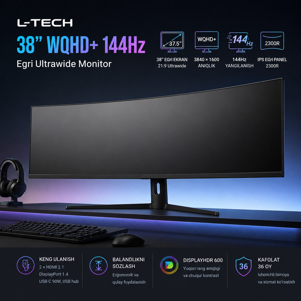 L-TECH 38 dyuym WQHD+ 144Hz Egri Ultrawide Monitor