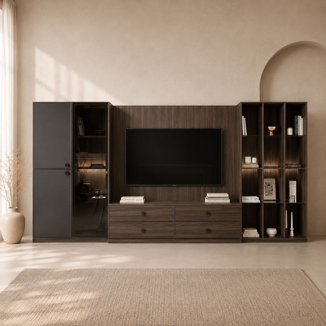 Gostinaya devor tizimi – TV panel, 4 tortmali tumba, LED yoritgichli vitrina (380×40×200 sm)