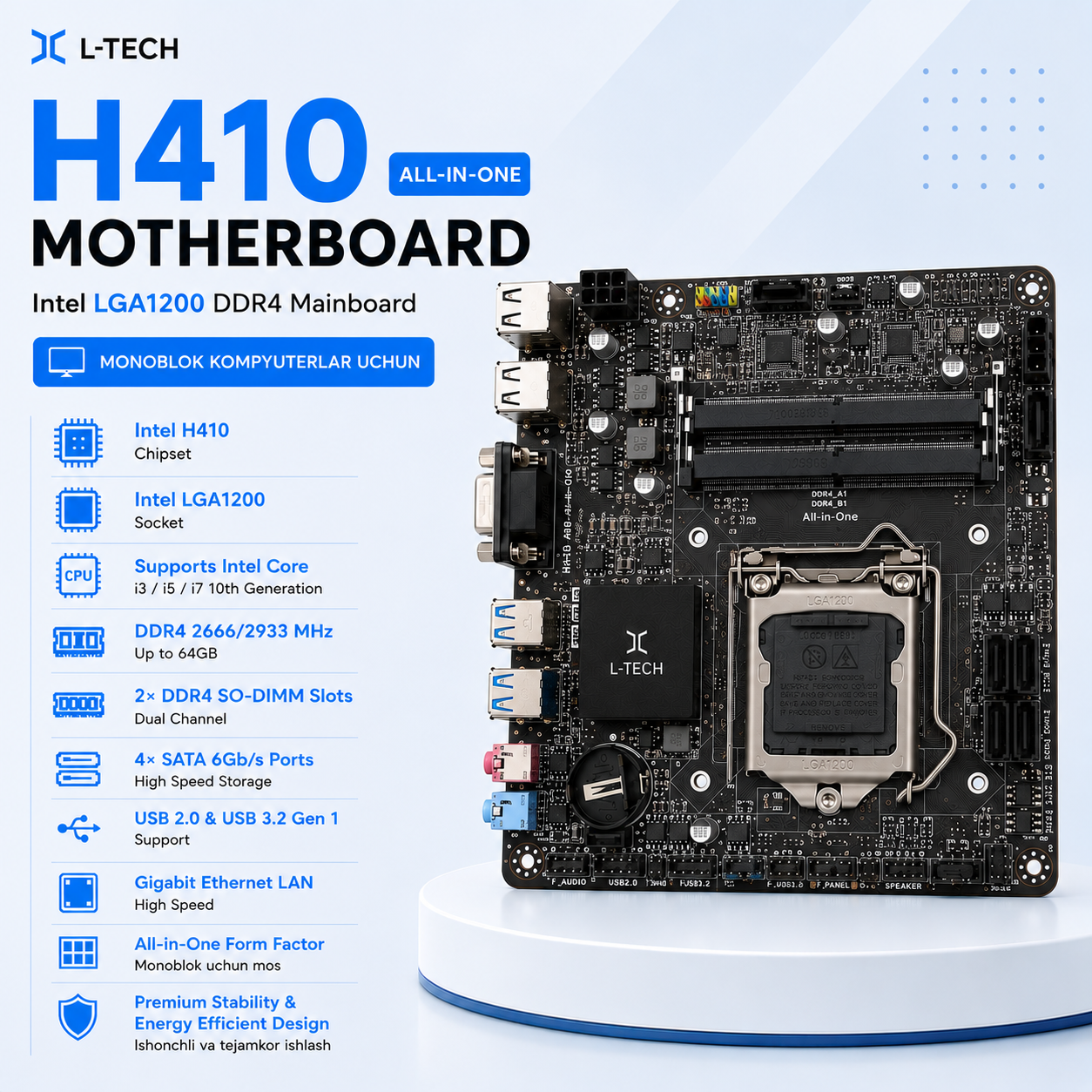 L-TECH H410 All-in-One Motherboard Intel LGA1200 DDR4 Mainboard