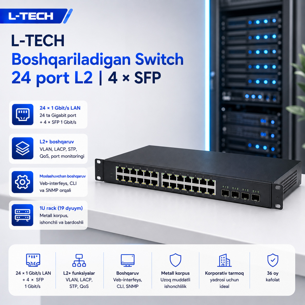 L-TECH Boshqariladigan Switch 24 port L2 | 4 × SFP