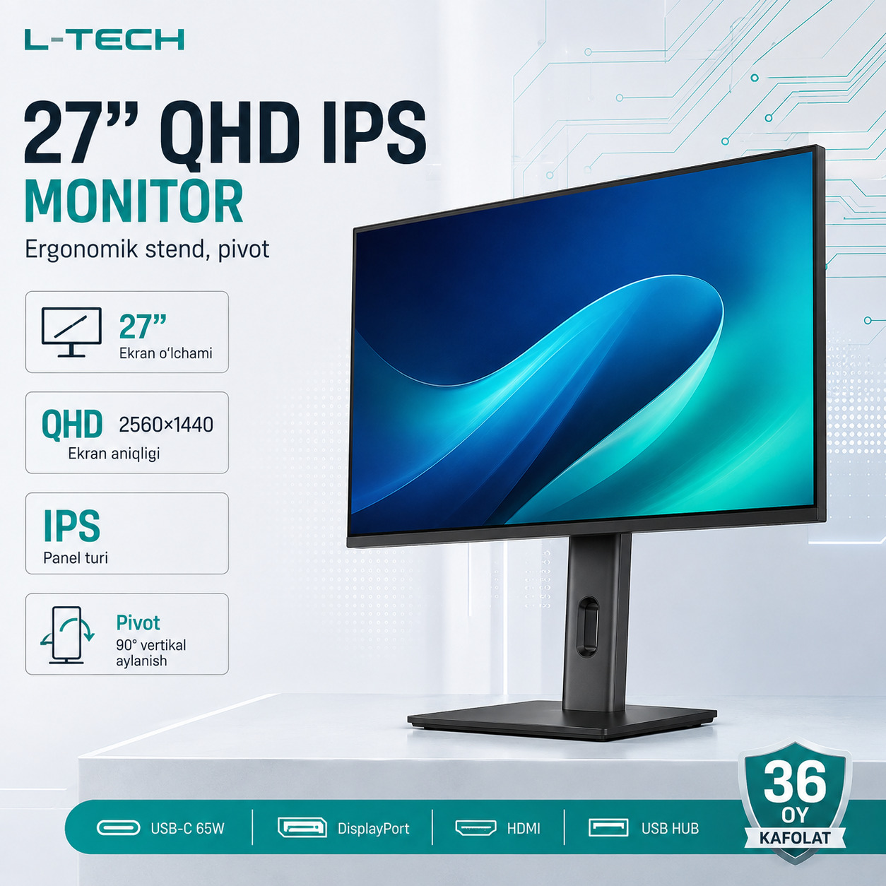 L-TECH 27 dyuym QHD IPS Monitor | ergonomik stend, pivot