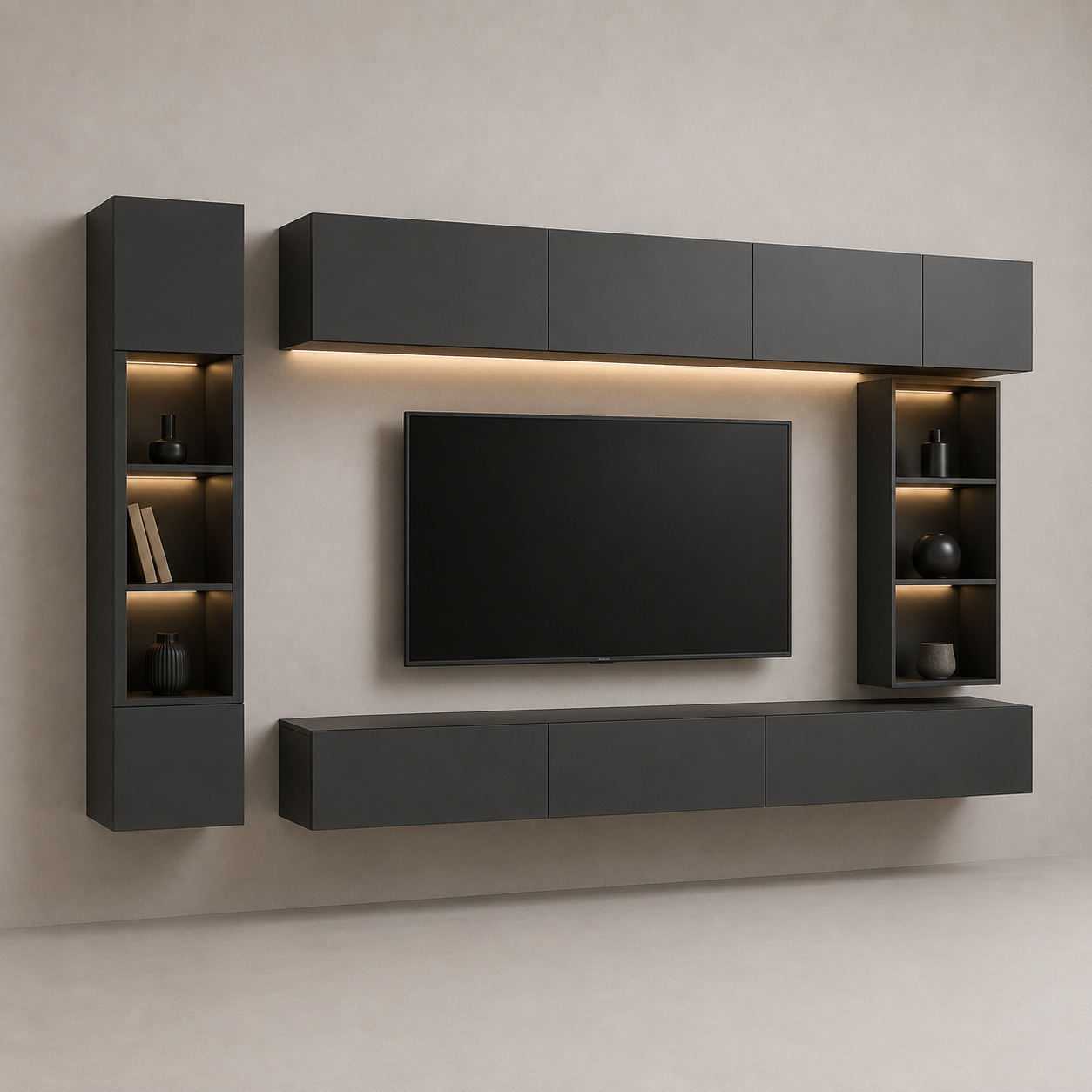 Gostinaya devor tizimi – minimal, osma modulli, antratsit (240×35×180 sm)