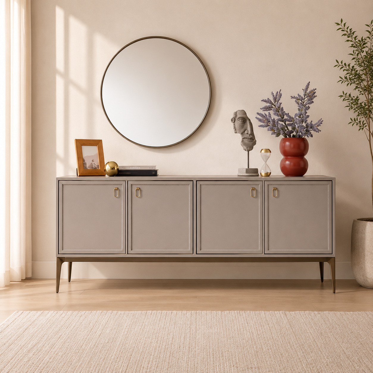 Sideboard tumba – 4 eshikli, teri effektli fasad, latun halqa tutqichlar (180×45×80 sm)