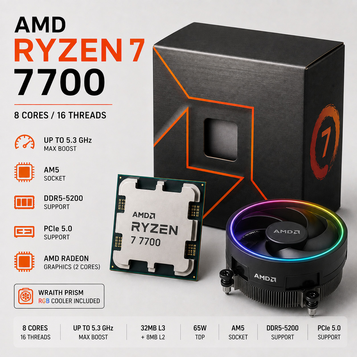 AMD Ryzen 7 7700 Desktop Processor | 8 yadro 16 oqim | AM5