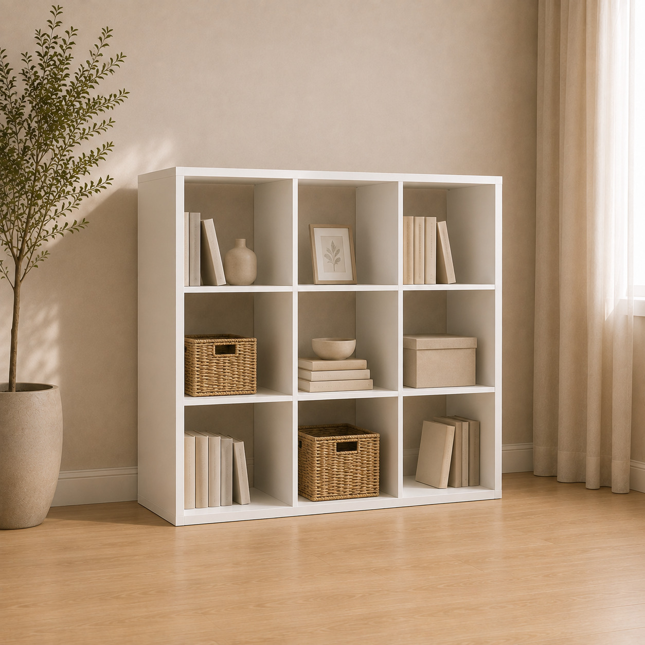Stellaj – uyachali, 9 bo‘limli (3×3), oq (110×32×110 sm)