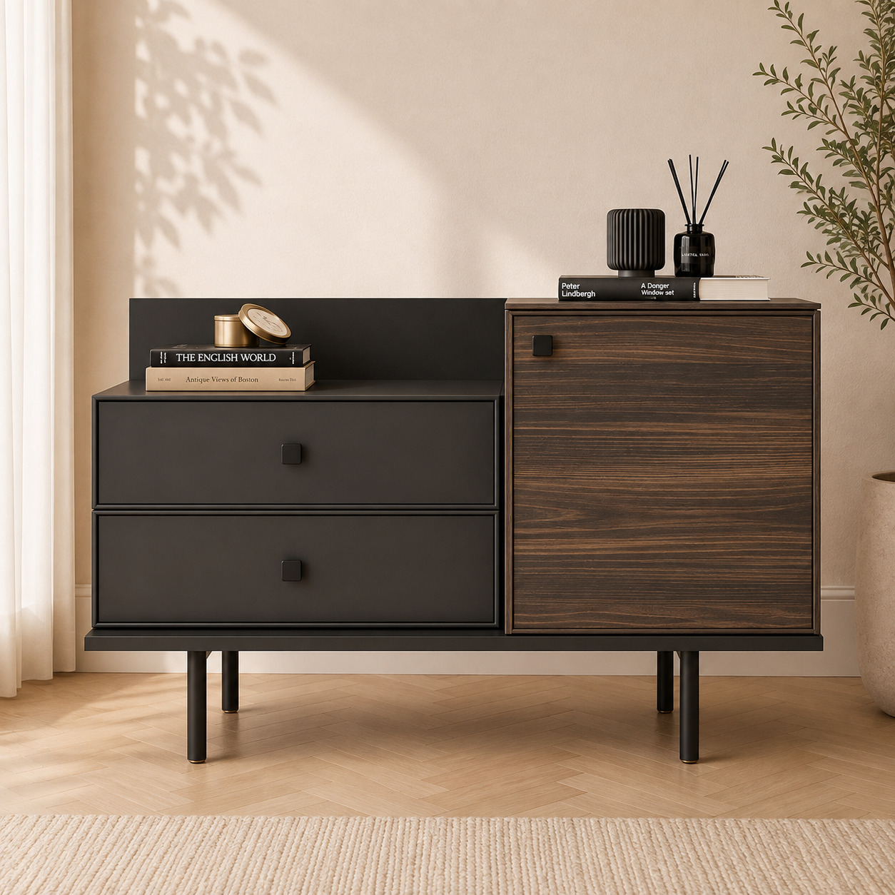 Dahliz tumbasi – 2 tortma, orqa panel va 1 eshikli shkaf, qora/yong‘oq (140×40×85 sm)