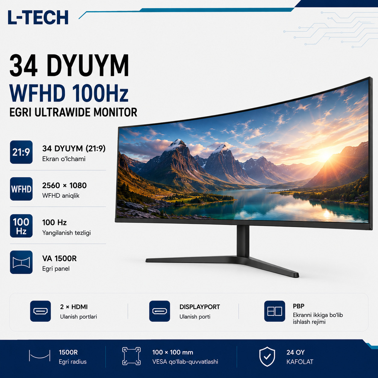 L-TECH 34 dyuym WFHD 100Hz Egri Ultrawide Monitor