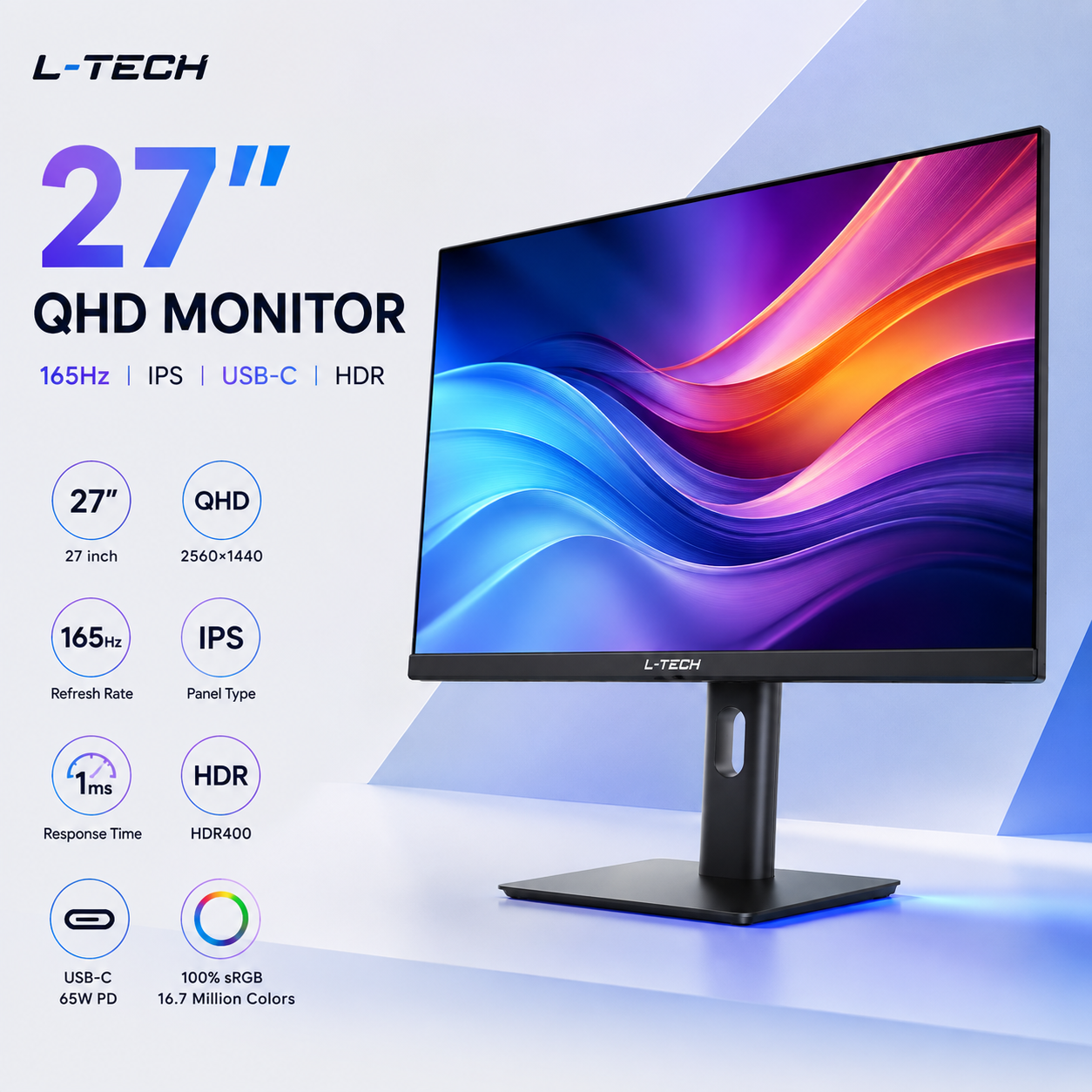 L-TECH Monitor 27 inch QHD  165Hz IPS | USB-C | HDR