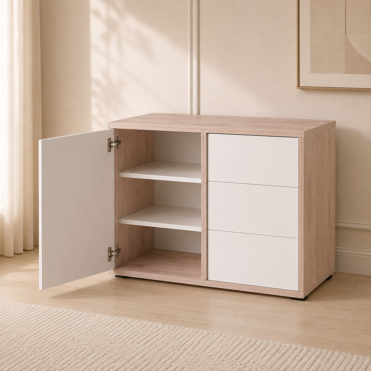Komod – 1 eshik va 3 tortmali, dub sonoma va oq fasad (100×45×80 sm)