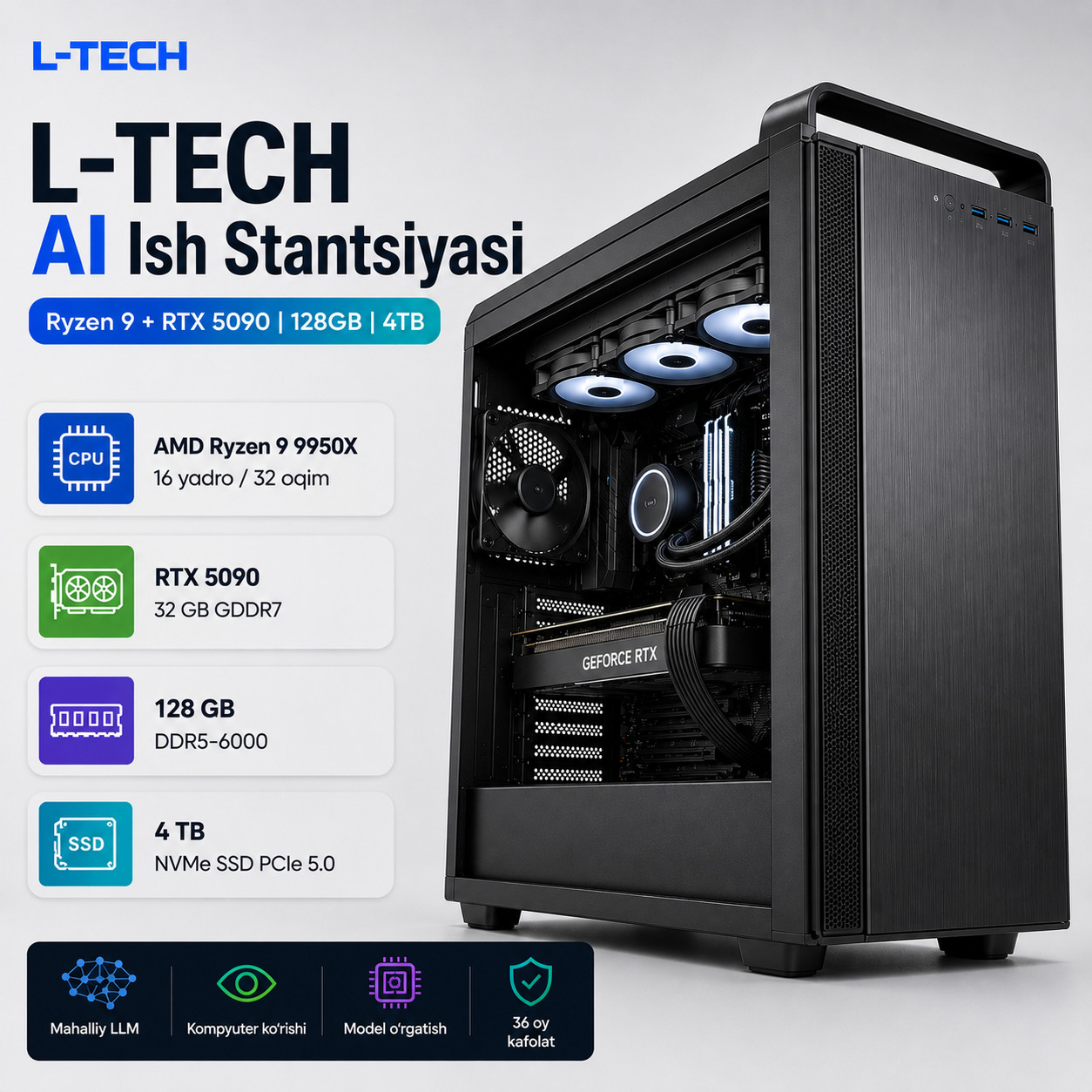 L-TECH AI Ish Stantsiyasi | Ryzen 9 + RTX 5090 | 128GB | 4TB