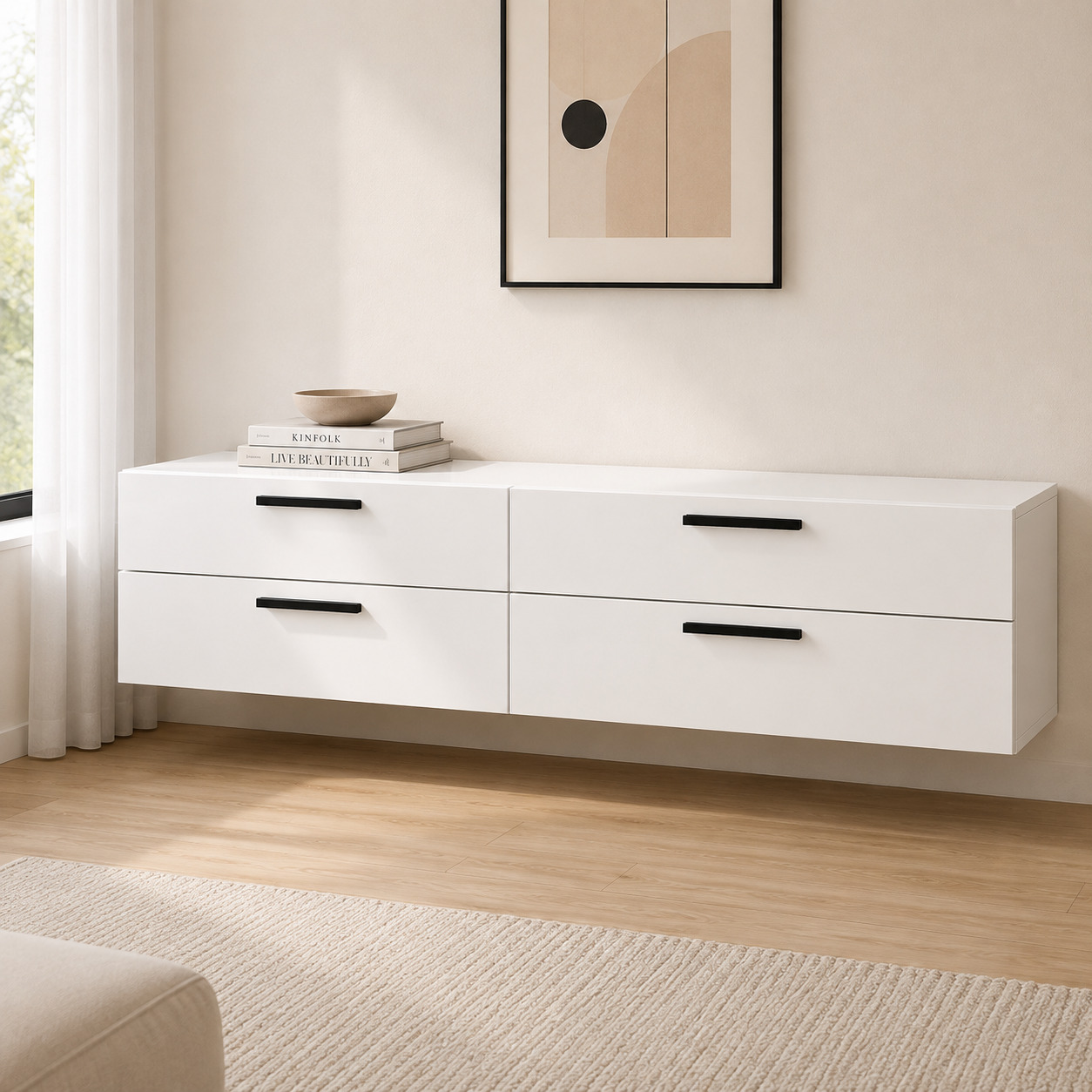 Osma TV tumba – devorga o‘rnatiladigan, 4 tortmali (2×2), oq mat (180×45×45 sm)