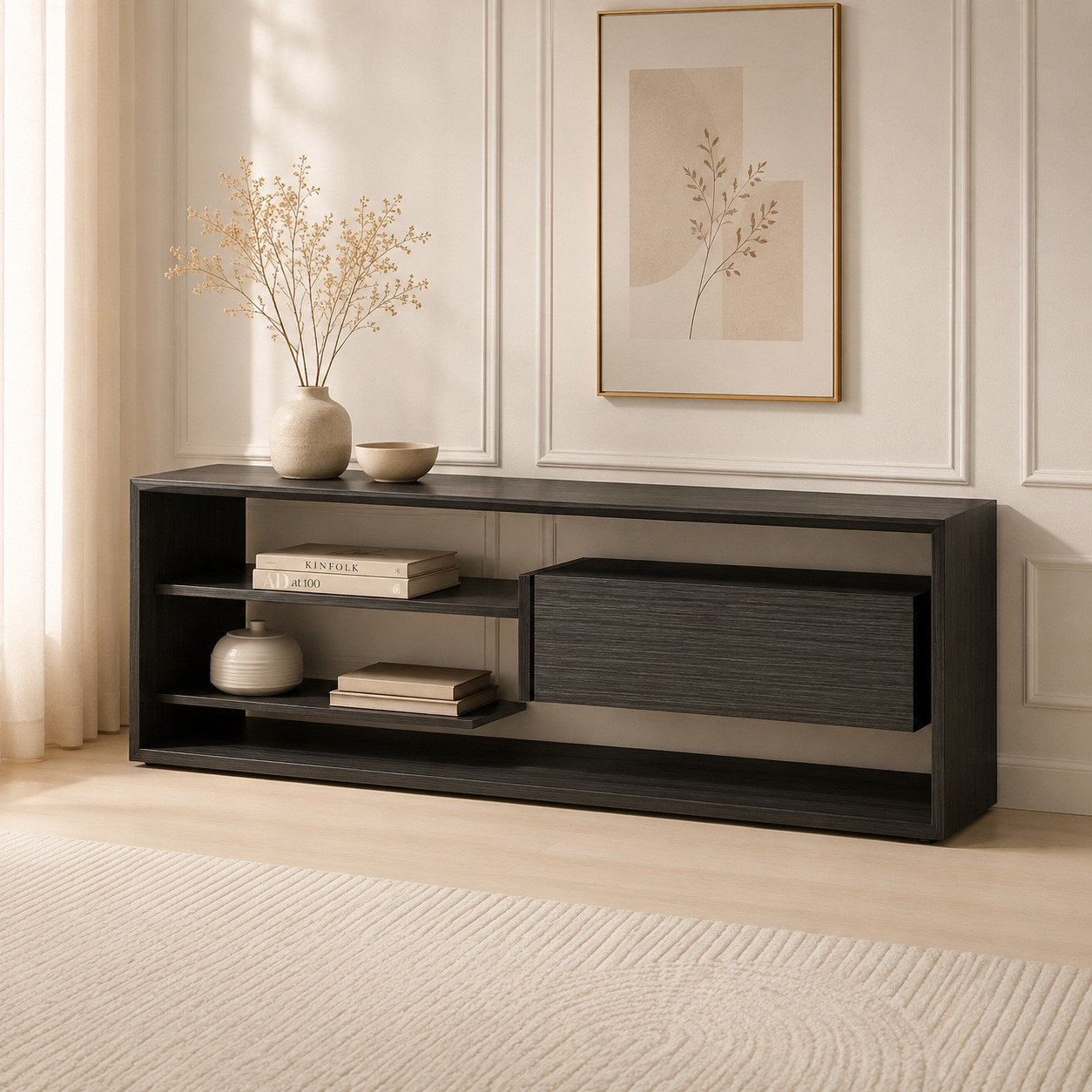 TV tumba-stellaj – ochiq polkali va 1 zich eshikli, to‘q venge (200×40×60 sm)